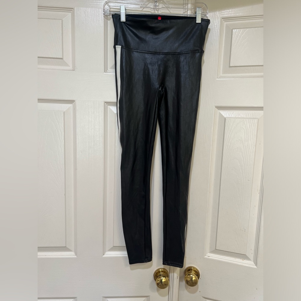 SPANX Faux Leather Leggings For Women Tummy Control With Side Stripe Size M/M